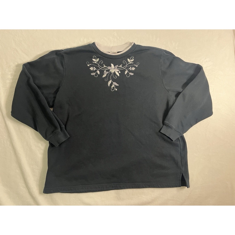 Vintage Blair Pullover Sweatshirt Navy Floral Embroidered Women's XL Knit Casual